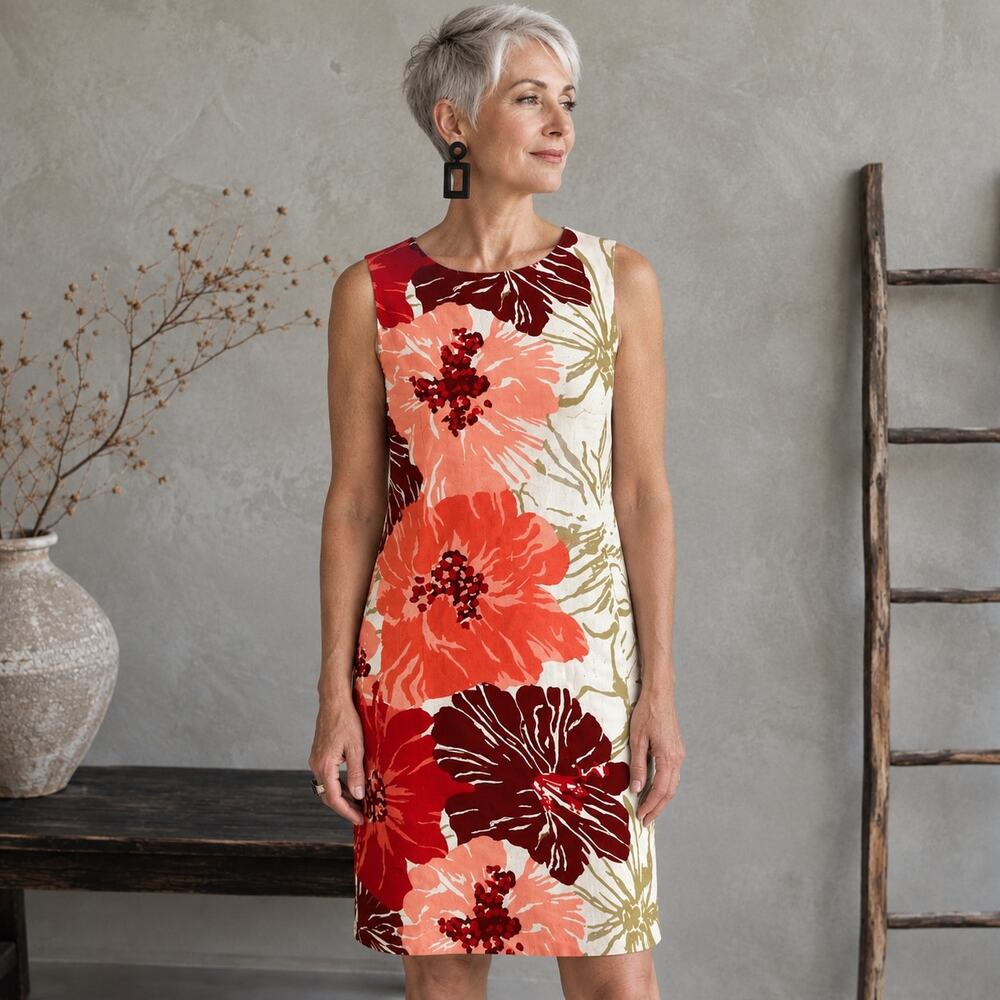 Talbots Off White Orange Red Floral Sheath Dress 10